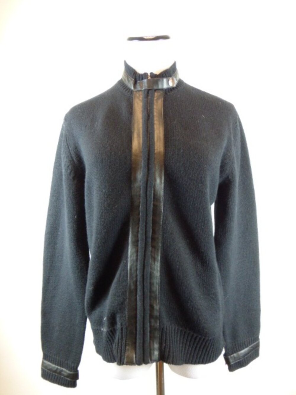 Prague black cashmere wool zip moto cardigan leather trim jacket UNIQUE L